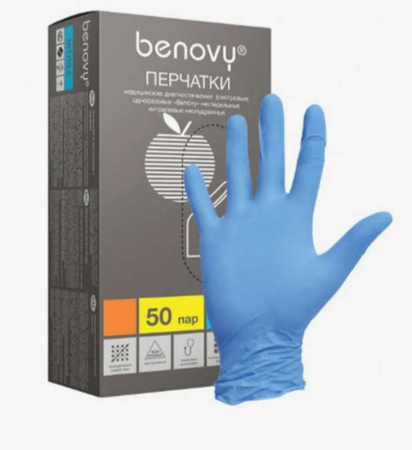 BENOVY Перчатки медицинские одноразовые нитриловые голубой S (50пар) SF222K2